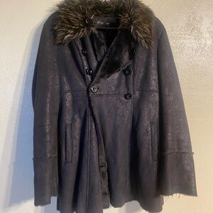 Black Double-Breasted Coat with Faux Fur Collar